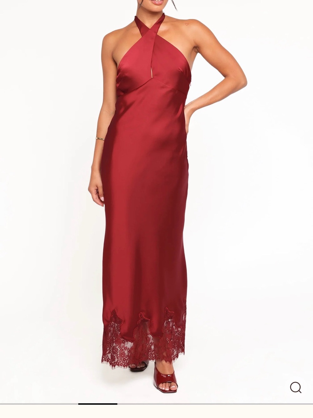 Petal & Pup Red Satin Halter Slip Dress with Lace Hem